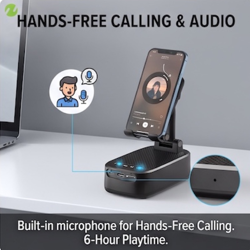 NewRixing 6W Wireless Speaker with Phone Holder, TWS Dual Pairing, 1800mAh Battery, Hands-Free Calling, Portable Power Bank, 6-Hour Playtime, Hi-Fi Sound Quality, Loud Stereo & Deep Bass, USB-C Charging, Indoor/Outdoor Use, Adjustable Stand, Durable 9 A black NewRixing Wireless Speaker with Phone Holder on a desk, holding a smartphone. An illustration of a person speaking into a microphone is connected by a blue line to a close-up of the microphone hole on the speaker.