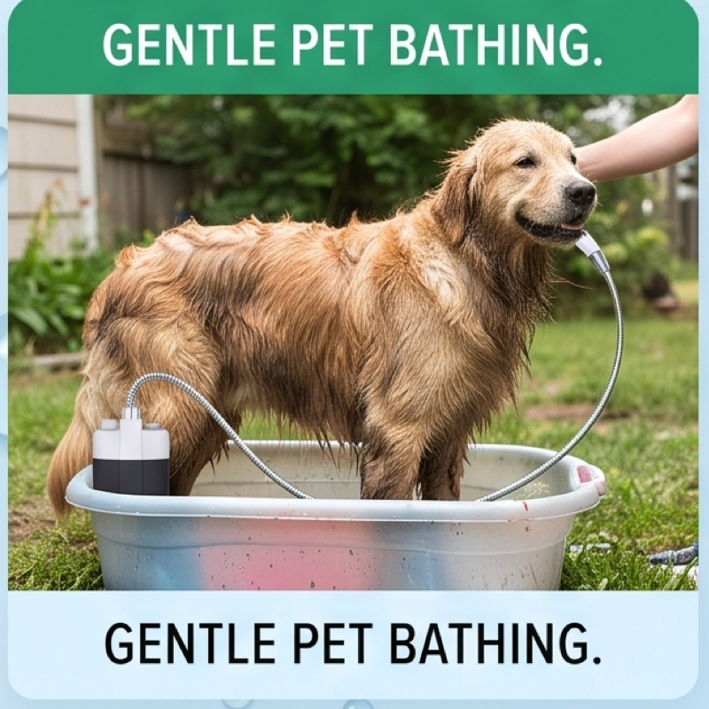 Compact And Rechargeable Shower Pump with Hose, Ideal for Outdoor Activities Like Camping, Beach Trips, Car Washing, And Pet Grooming. Features an Ergonomic Handle And a Modern Design, Built to Last 8 A wet golden retriever stands in a light gray plastic tub on a grassy lawn. A person's hand is near the dog's head, and the handheld shower head is positioned near the dog's mouth. The text "GENTLE PET BATHING." is visible.