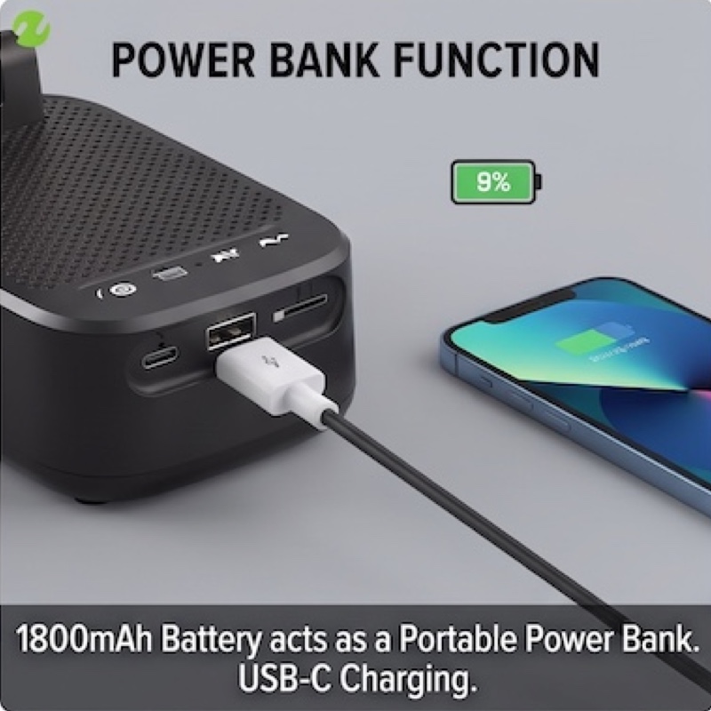 NewRixing 6W Wireless Speaker with Phone Holder, TWS Dual Pairing, 1800mAh Battery, Hands-Free Calling, Portable Power Bank, 6-Hour Playtime, Hi-Fi Sound Quality, Loud Stereo & Deep Bass, USB-C Charging, Indoor/Outdoor Use, Adjustable Stand, Durable 10 A close-up of the side of the black NewRixing Wireless Speaker with Phone Holder with a white USB-A cable plugged in and connected to a charging smartphone. An icon shows the phone battery at 9%.