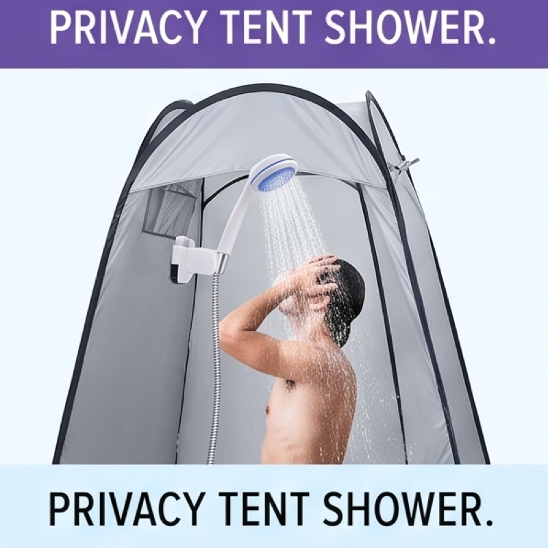Compact And Rechargeable Shower Pump with Hose, Ideal for Outdoor Activities Like Camping, Beach Trips, Car Washing, And Pet Grooming. Features an Ergonomic Handle And a Modern Design, Built to Last 9 A person, visible from the shoulders up, is taking a shower inside a gray pop-up privacy tent. The shower head is mounted to a pole inside the tent, spraying water over the person's head. The text "PRIVACY TENT SHOWER." is visible.