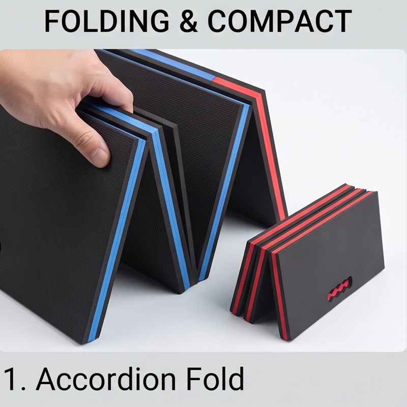 1/2pcs EVA Car Repair Work Mat - Foldable, Lightweight, Insulated, High Quality, Multi-purpose Mat, Suitable for Outdoor Repairs, Camping, Hiking - 1145mm X 400mm X 30mm, Portable Ergonomic Design, Durable EVA Material Mat, Multi-functional. 10 A hand folds the black accordion-style mat with blue trim, demonstrating the compact folding mechanism, with the folded red-trimmed mat visible in the background.