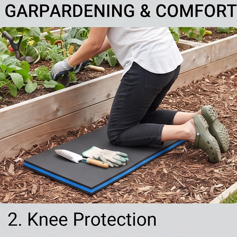 1/2pcs EVA Car Repair Work Mat - Foldable, Lightweight, Insulated, High Quality, Multi-purpose Mat, Suitable for Outdoor Repairs, Camping, Hiking - 1145mm X 400mm X 30mm, Portable Ergonomic Design, Durable EVA Material Mat, Multi-functional. 11 A person in khaki pants kneels comfortably on the unfolded blue-trimmed Car Repair Work Mat next to a raised garden bed, with gloves and a trowel resting on the mat.