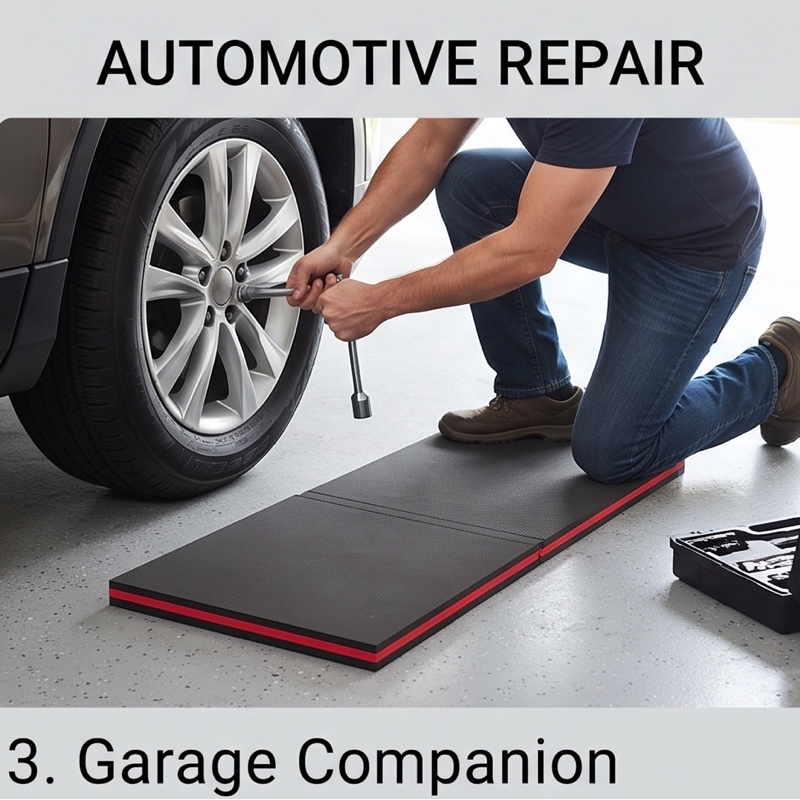1/2pcs EVA Car Repair Work Mat - Foldable, Lightweight, Insulated, High Quality, Multi-purpose Mat, Suitable for Outdoor Repairs, Camping, Hiking - 1145mm X 400mm X 30mm, Portable Ergonomic Design, Durable EVA Material Mat, Multi-functional. 12 An illustrated person in work overalls kneels on the unfolded red-trimmed Car Repair Work Mat next to a car wheel, using a lug wrench.
