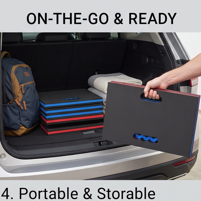 1/2pcs EVA Car Repair Work Mat - Foldable, Lightweight, Insulated, High Quality, Multi-purpose Mat, Suitable for Outdoor Repairs, Camping, Hiking - 1145mm X 400mm X 30mm, Portable Ergonomic Design, Durable EVA Material Mat, Multi-functional. 13 A person in work overalls kneels on the unfolded black and blue Car Repair Work Mat next to a car wheel, performing maintenance with a wrench.