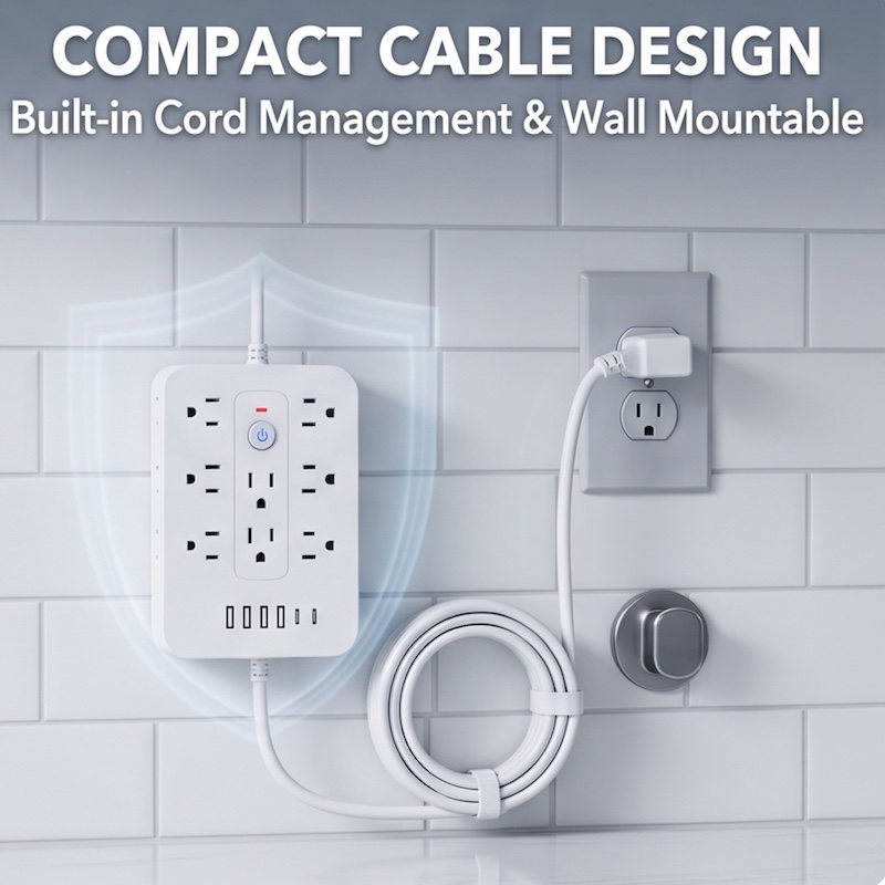 A Multifunctional Power Strip with Overload Protection, Featuring 14 AC Outlets, 4 USB Outputs, And 2 Type-C Outputs. Available in White Or Black, with Options for Short, 5FT, Or 10FT Extension Cords. It Includes Dual Side Sockets 8 A white color Multifunctional Power Strip is shown wall-mounted next to a power outlet. Call-out graphics point to "Wall-mounting Holes" on the back of the unit and a "Short Cable Design for Tidy Setup" with a cable clip.