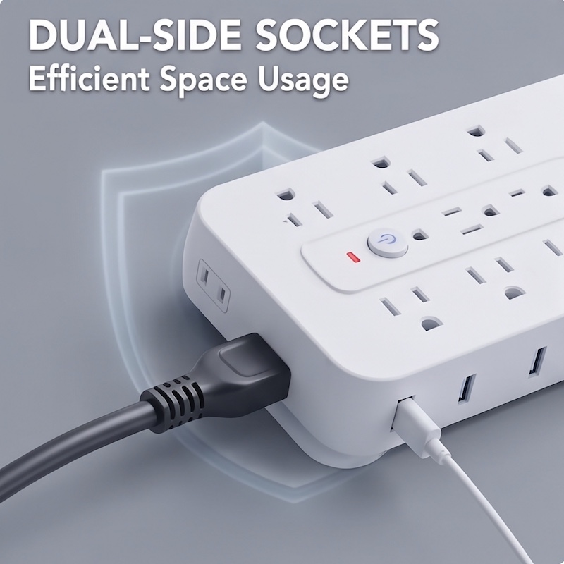 A Multifunctional Power Strip with Overload Protection, Featuring 14 AC Outlets, 4 USB Outputs, And 2 Type-C Outputs. Available in White Or Black, with Options for Short, 5FT, Or 10FT Extension Cords. It Includes Dual Side Sockets 9 A top-down, angled close-up of a white color Multifunctional Power Strip. A standard power cord is plugged into one of the front AC outlets, demonstrating a secure connection. Text overlay at the top left reads "DUAL-SIDE SOCKETS" and "Efficient Space Usage".