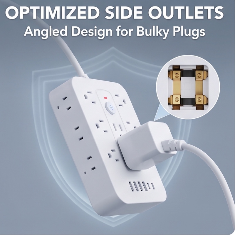 A Multifunctional Power Strip with Overload Protection, Featuring 14 AC Outlets, 4 USB Outputs, And 2 Type-C Outputs. Available in White Or Black, with Options for Short, 5FT, Or 10FT Extension Cords. It Includes Dual Side Sockets 11 A close-up profile view of a white color Multifunctional Power Strip, emphasizing the sockets on the side. Text overlay reads "OPTIMIZED SIDE OUTLETS" and "Angled Design for Bulky Plugs". An inset graphic shows a detailed view of the internal brass contacts.