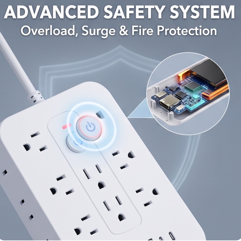 A Multifunctional Power Strip with Overload Protection, Featuring 14 AC Outlets, 4 USB Outputs, And 2 Type-C Outputs. Available in White Or Black, with Options for Short, 5FT, Or 10FT Extension Cords. It Includes Dual Side Sockets 12 A close-up of the central control panel on a white color Multifunctional Power Strip. Call-out graphics point to an "Overload Protection Switch" with a red indicator and a "Surge Protection Active" indicator light.