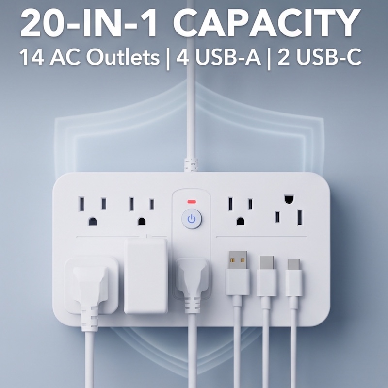 A Multifunctional Power Strip with Overload Protection, Featuring 14 AC Outlets, 4 USB Outputs, And 2 Type-C Outputs. Available in White Or Black, with Options for Short, 5FT, Or 10FT Extension Cords. It Includes Dual Side Sockets 13 A close-up shot focusing on the power switch and indicator lights of a white color Multifunctional Power Strip. A circular graphic zooms in to reveal the internal printed circuit board (PCB) and electronic components. Text overlay at the top reads "ADVANCED SAFETY SYSTEM" and "Overload, Surge & Fire Protection".