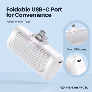 exclusive 22.5W Fast Charger dock 5000/10000mAh Mini Portable Charger -5000mAh Optional 1/2/4pcs USB-C Power Bank with Charging Station.The compact desigin 4 A promotional graphic for a white fast charger dock featuring a foldable USB-C port. The main image shows the white portable power bank at an angle, highlighting its textured front and blue LED power indicators. Inset circles provide close-up views of the "Smart LED Display" and the side charging port. The MemoryAngel logo is visible at the bottom.