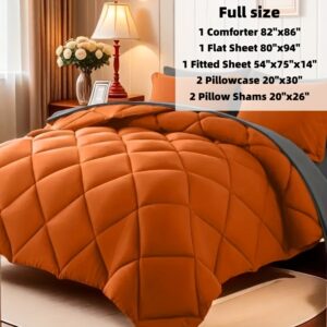 Reversible Cosybay pillowcase orange grey bedding set with a burnt orange quilted comforter and grey accents.