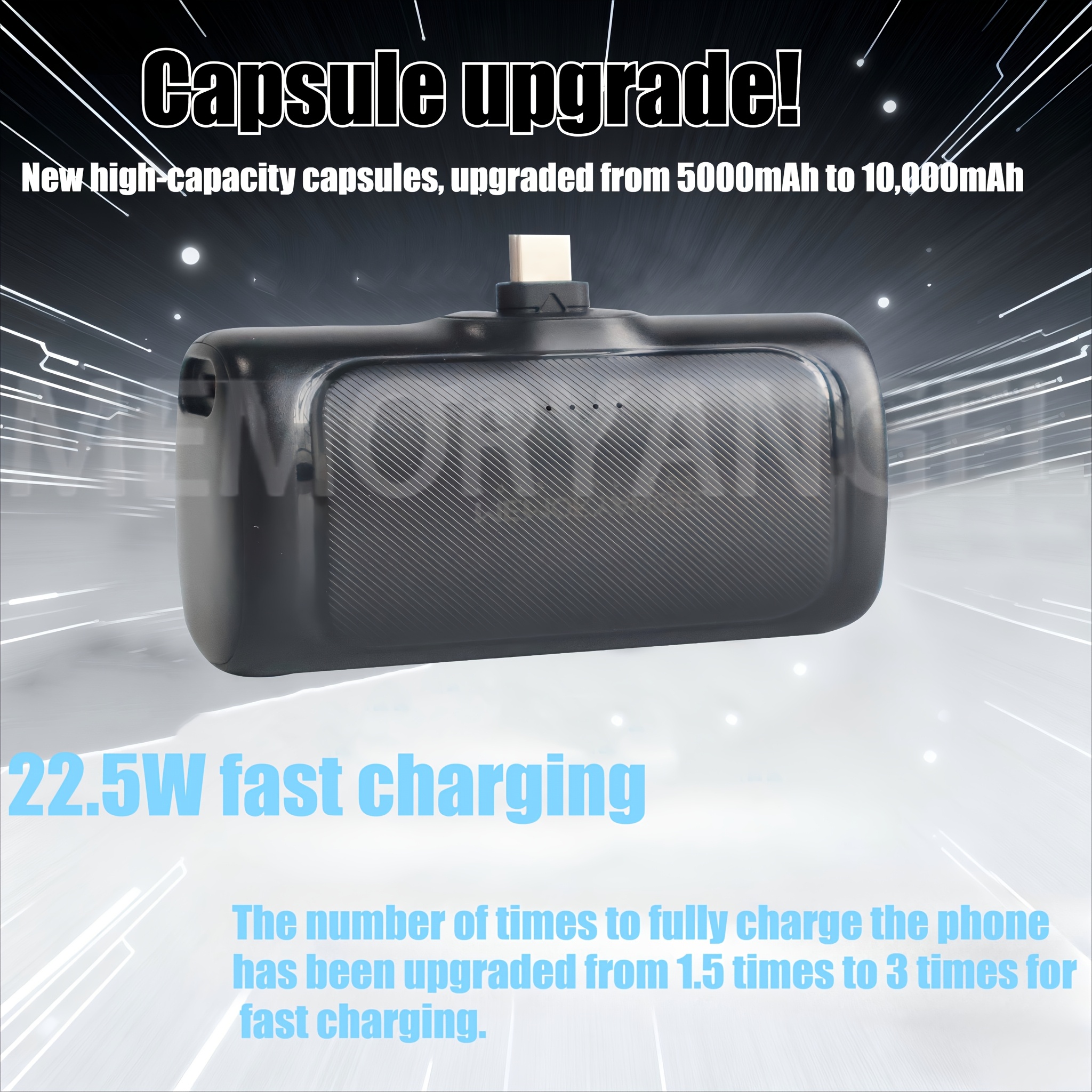 22.5W Fast Charging 5000/10000mAh Mini Portable Charger -5000mAh Optional 1/2/4pcs USB-C Power Bank with Charging Station.The compact desigin 10 Upgraded fast speedy Mini Power Bank capsule showing the sleek black 10,000mAh design and 22.5W fast charging capabilities.