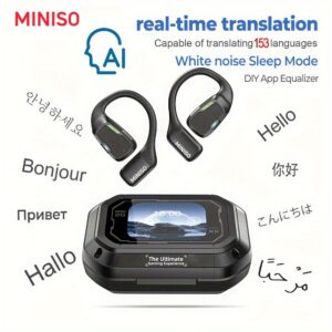 Wireless earbuds black color by MINISO featuring an open-ear hook design, a smart charging case with an integrated screen, and AI translation text for 153 languages.