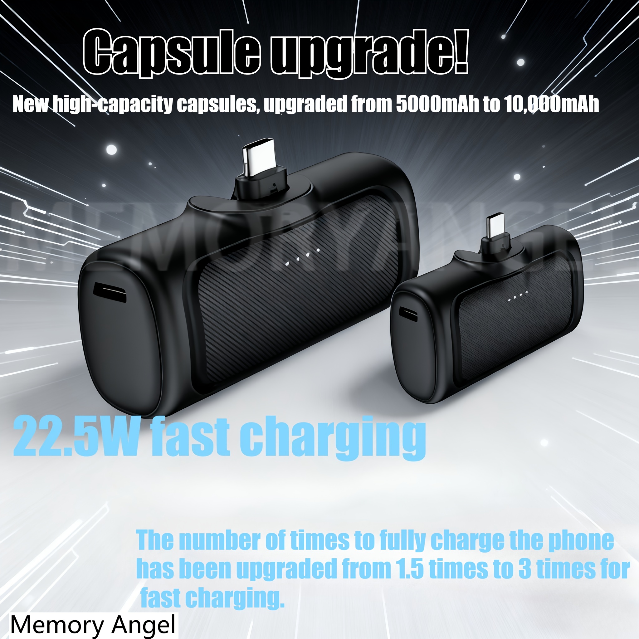 22.5W Fast Charging 5000/10000mAh Mini Portable Charger -5000mAh Optional 1/2/4pcs USB-C Power Bank with Charging Station.The compact desigin 2 Fast speedy Mini Power Bank capsule upgrade showing the 10,000mAh and 5,000mAh models with built-in connectors and 22.5W fast charging text.