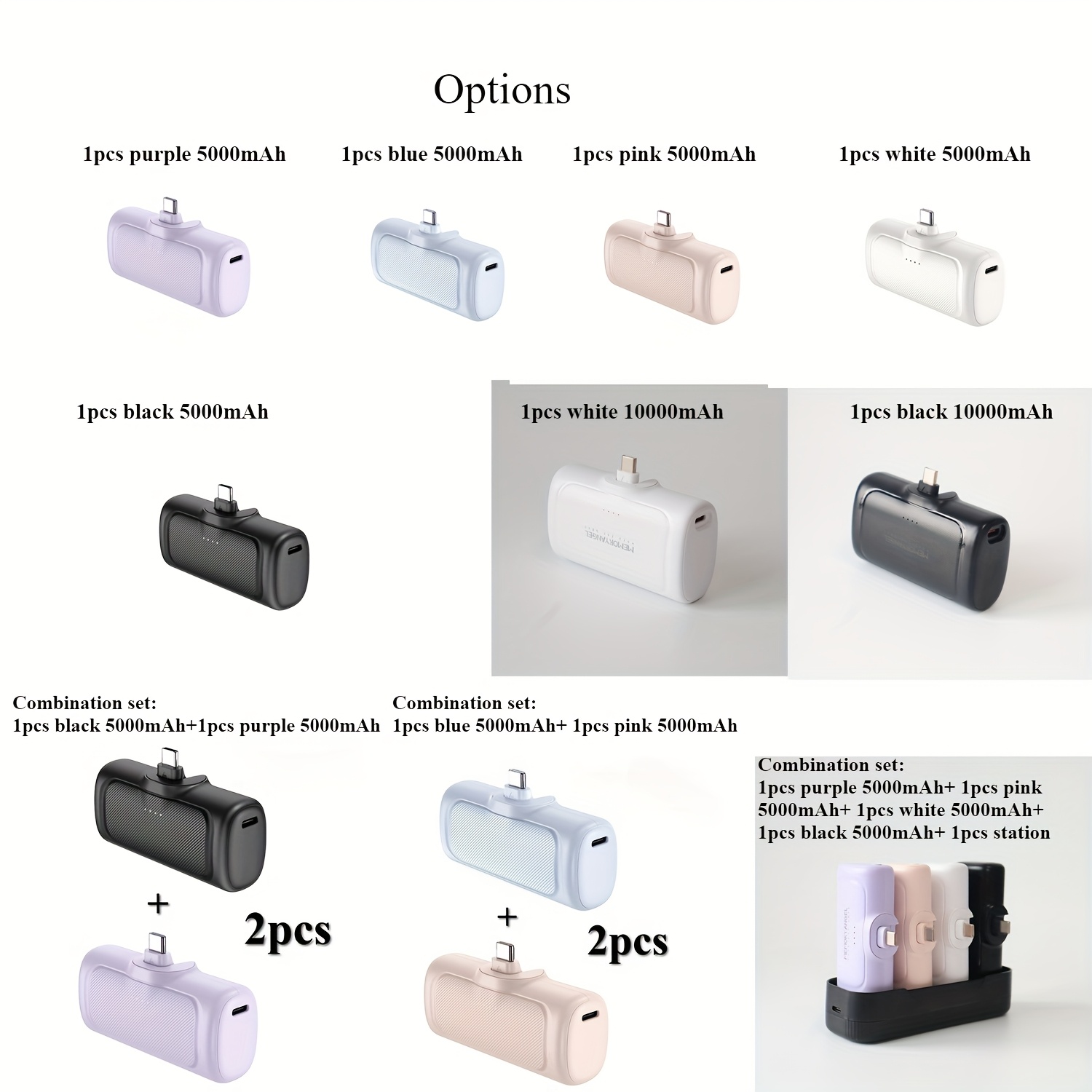 22.5W Fast Charging 5000/10000mAh Mini Portable Charger -5000mAh Optional 1/2/4pcs USB-C Power Bank with Charging Station.The compact desigin 3 Product options chart for the fast mini power bank charger, showcasing individual units in purple, blue, pink, white, and black, as well as 10,000mAh upgrade models and multi-piece combination sets with a charging station.