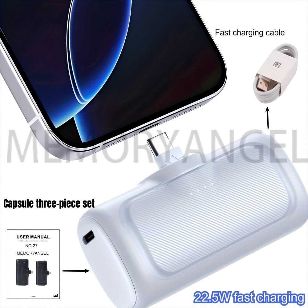 22.5W Fast Charging 5000/10000mAh Mini Portable Charger -5000mAh Optional 1/2/4pcs USB-C Power Bank with Charging Station.The compact desigin 9 Fast speedy Mini Power Bank Blue 22.5W featuring a sleek metallic blue finish, integrated charging connector, and LED battery display.