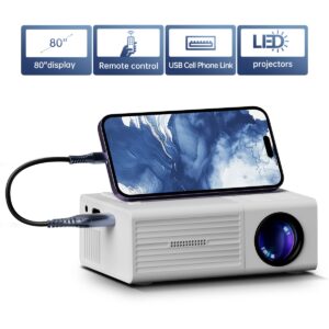 A compact white video projector connected to a smartphone via a USB cable, featuring icons for 80-inch display, remote control, and LED technology.