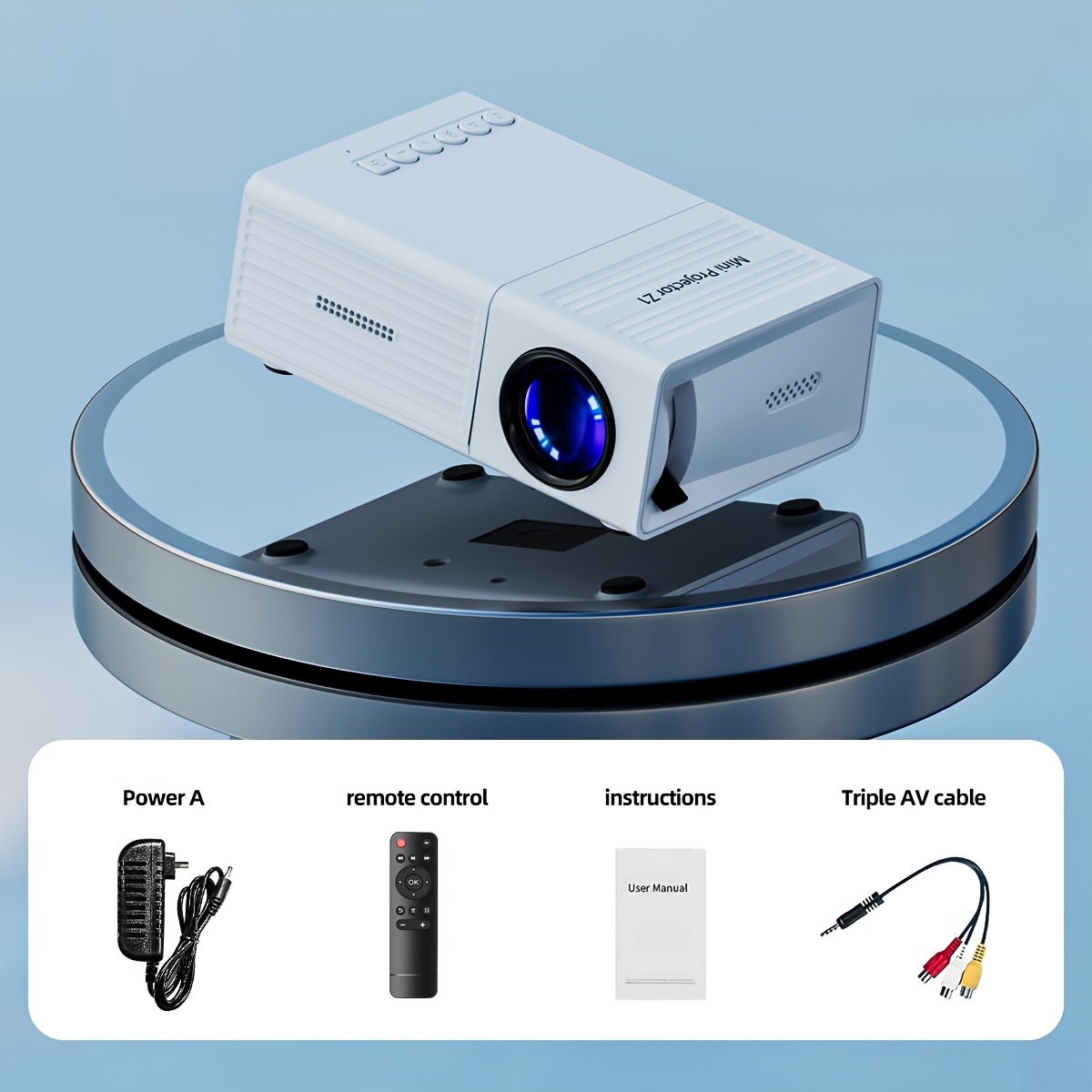 awesome Mini Projector, Portable Video Projector, Home Theater Projector, Supports Mobile Screen Projection, Native Resolution Of1280x720P, Suitable For Offices, Outdoor Camping, Etc. Movie Projector 6 Video projector Z1 kit showing the white mini projector unit alongside its accessories: power adapter, remote control, user manual, and triple AV cable.