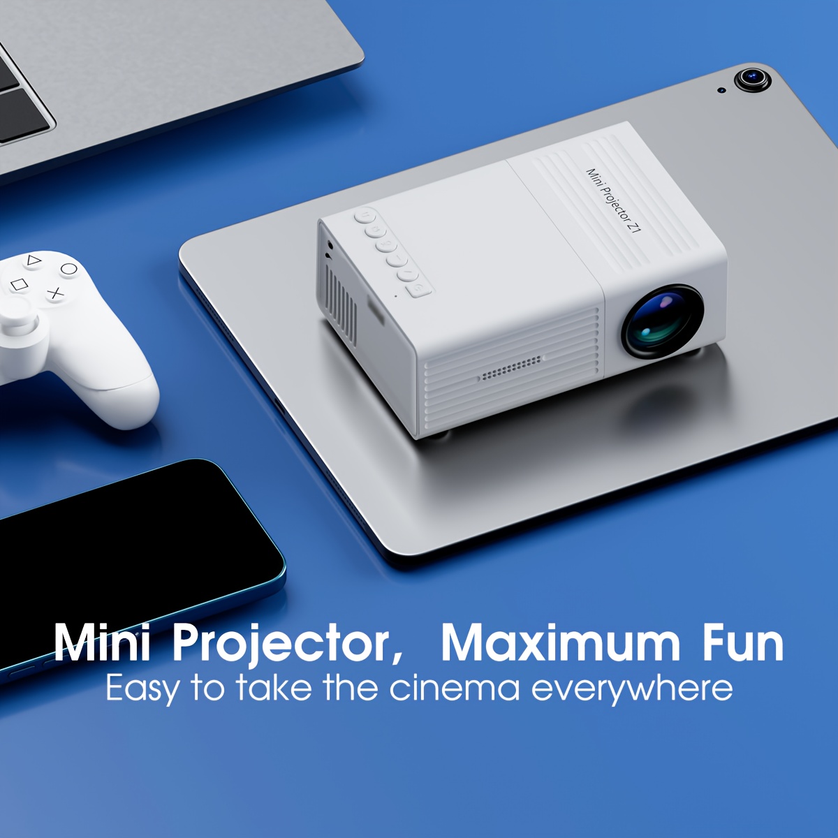 awesome Mini Projector, Portable Video Projector, Home Theater Projector, Supports Mobile Screen Projection, Native Resolution Of1280x720P, Suitable For Offices, Outdoor Camping, Etc. Movie Projector 7 Video projector Z1 mini model shown on a desk alongside a tablet, smartphone, laptop, and gaming controller to demonstrate multi-device compatibility.