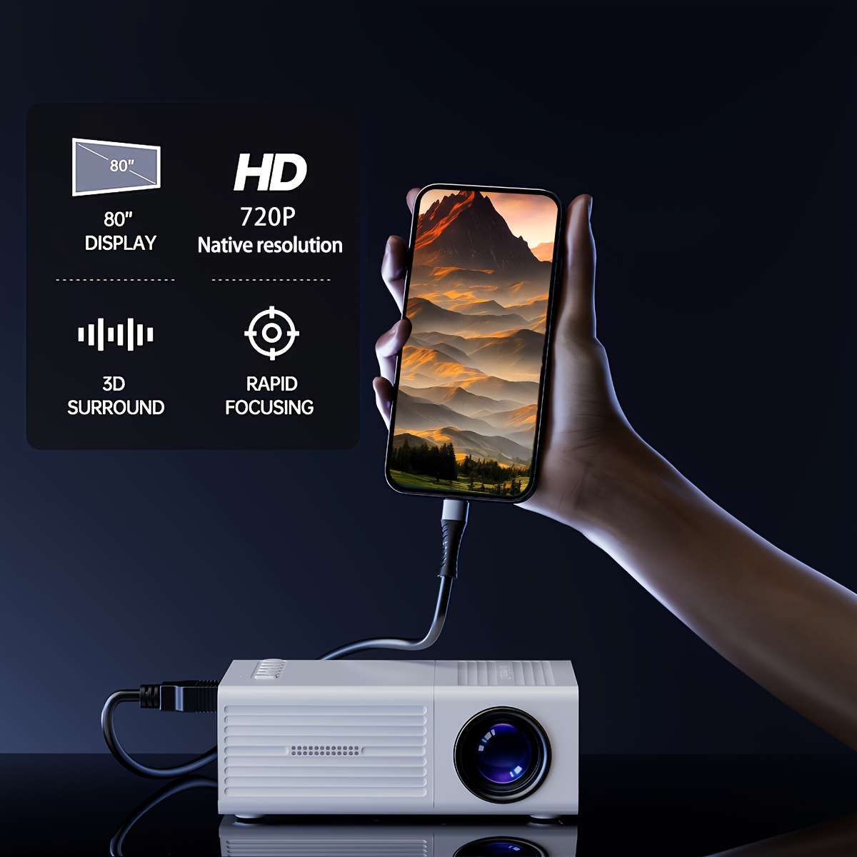 awesome Mini Projector, Portable Video Projector, Home Theater Projector, Supports Mobile Screen Projection, Native Resolution Of1280x720P, Suitable For Offices, Outdoor Camping, Etc. Movie Projector 10 A compact white video projector connected to a smartphone via a USB cable, featuring a feature infographic for 80-inch display, HD 720P resolution, 3D surround sound, and rapid focusing.