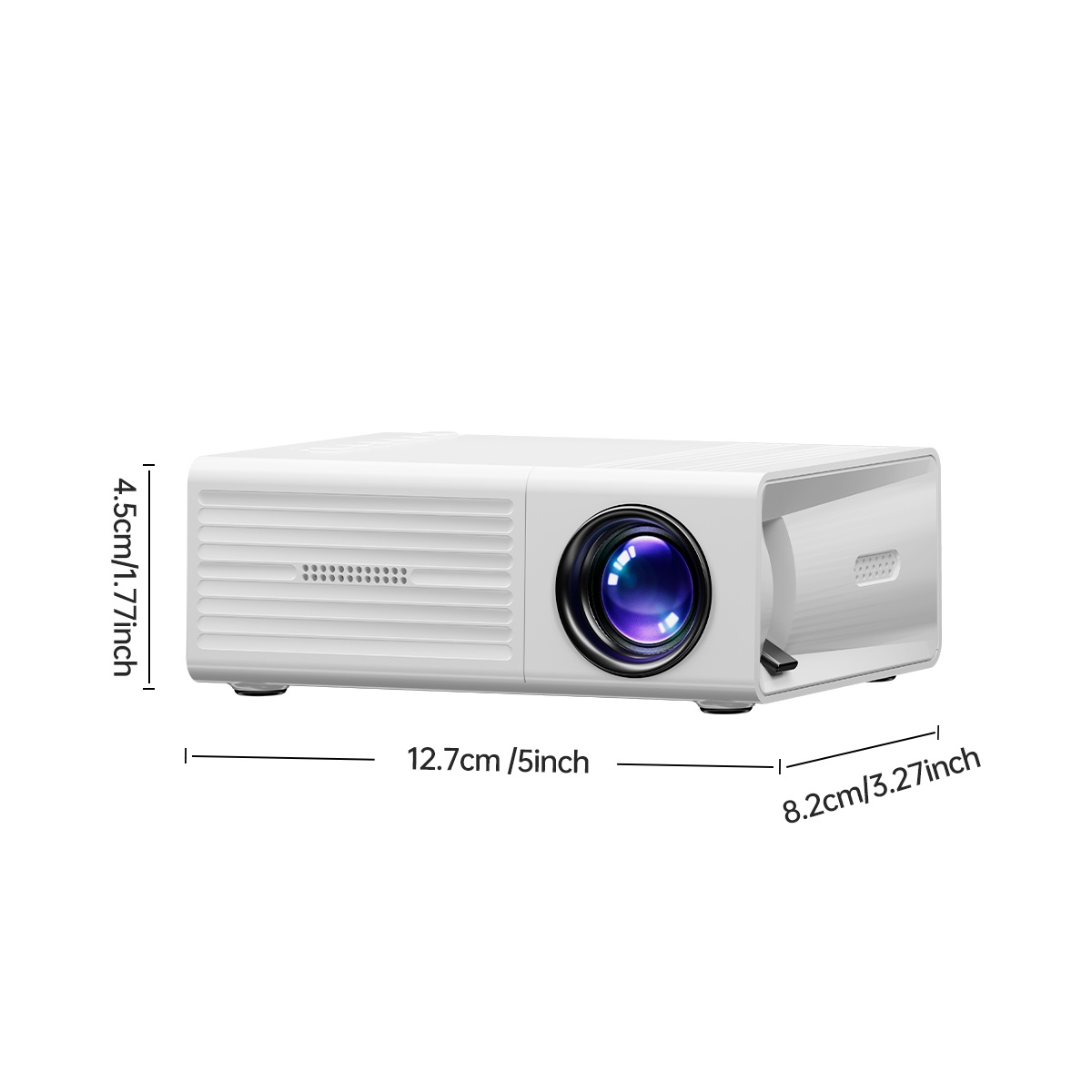 awesome Mini Projector, Portable Video Projector, Home Theater Projector, Supports Mobile Screen Projection, Native Resolution Of1280x720P, Suitable For Offices, Outdoor Camping, Etc. Movie Projector 11 A white video projector shown with dimensional measurements: 12.7cm (5 inches) in length, 8.2cm (3.27 inches) in width, and 4.5cm (1.77 inches) in height.