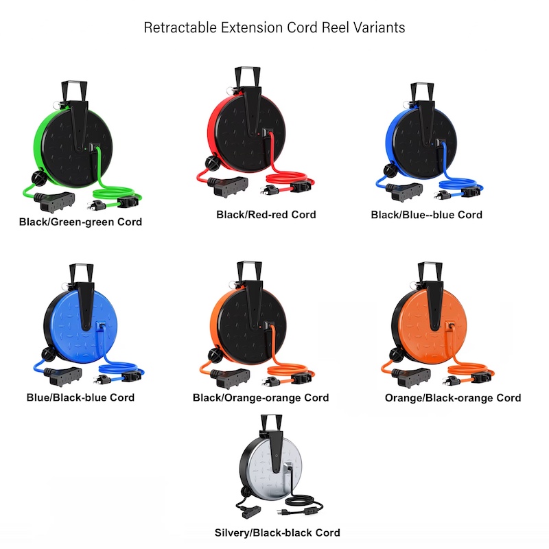 A composite image displaying seven different color variants of the 30FT Retractable Extension Cord reel.