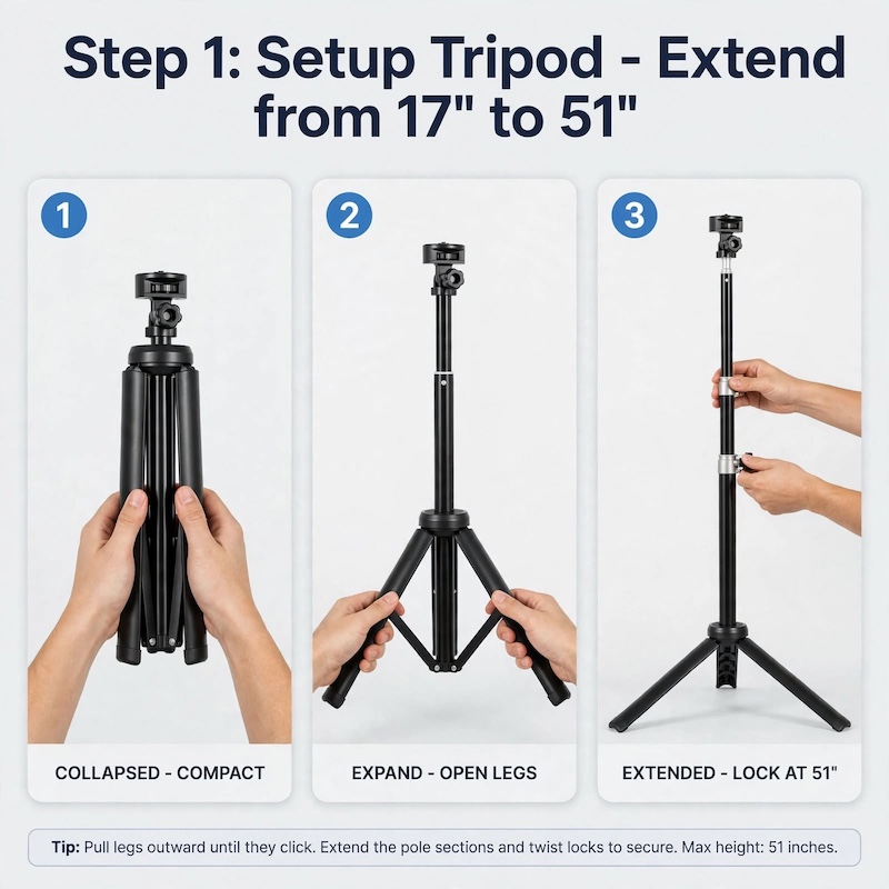 NiceVeedi 2-Pack LED Video Kit Studio Light Photography Lighting Kit with Tripod Stand & Phone Holder, 2800-6500K Dimmable -Powered Adjustable Color Temperature Lighting for Video Recording, Gaming Streaming, YouTube/Vlogging, Compatible with DSLR/Camcorders/Smartphones, Content Creation, Youtube Filming, Portable Setup, Compact Design, Reliable Performance, Durable Construction, Dimmable Lights, Smartphone Lighting, Photography Equipment, Photography Kit, Content Creator Equipment 10 Step-by-step graphic showing how to collapse, expand, and extend the tripod stand from 17 inches to 51 inches for your LED Video Kit Studio Light Photography.