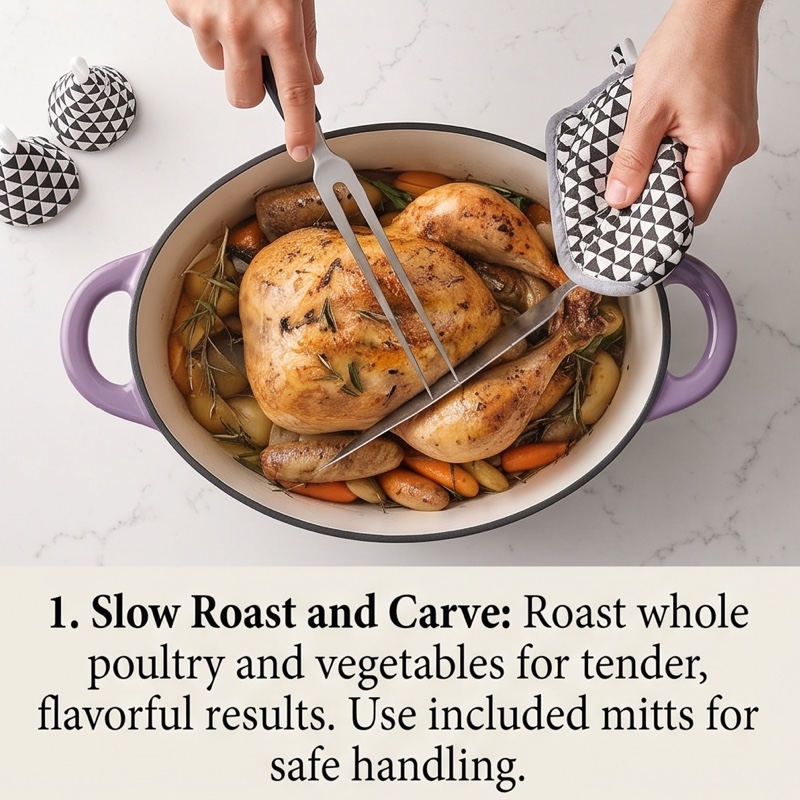 exclusive 4.5QT Enameled Dutch Oven Pot With Lid, Cast Iron Dutch Oven With Dual Handles For Bread Baking, Cooking, Non-stick Enamel Coated Cookware 28 mrali 1 slow roast and carve