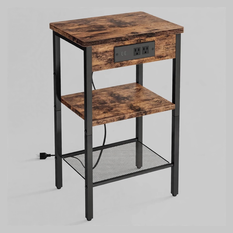 Front view of the TOMNK rustic brown and black Side Table Nightstand featuring a built-in charging station and 3-tier shelves.