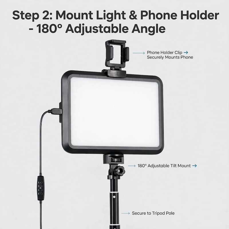 NiceVeedi 2-Pack LED Video Kit Studio Light Photography Lighting Kit with Tripod Stand & Phone Holder, 2800-6500K Dimmable -Powered Adjustable Color Temperature Lighting for Video Recording, Gaming Streaming, YouTube/Vlogging, Compatible with DSLR/Camcorders/Smartphones, Content Creation, Youtube Filming, Portable Setup, Compact Design, Reliable Performance, Durable Construction, Dimmable Lights, Smartphone Lighting, Photography Equipment, Photography Kit, Content Creator Equipment 11 Diagram illustrating step 2 of mounting the LED panel and phone holder clip with a 180-degree adjustable tilt mount for the LED Video Kit Studio Light Photography.