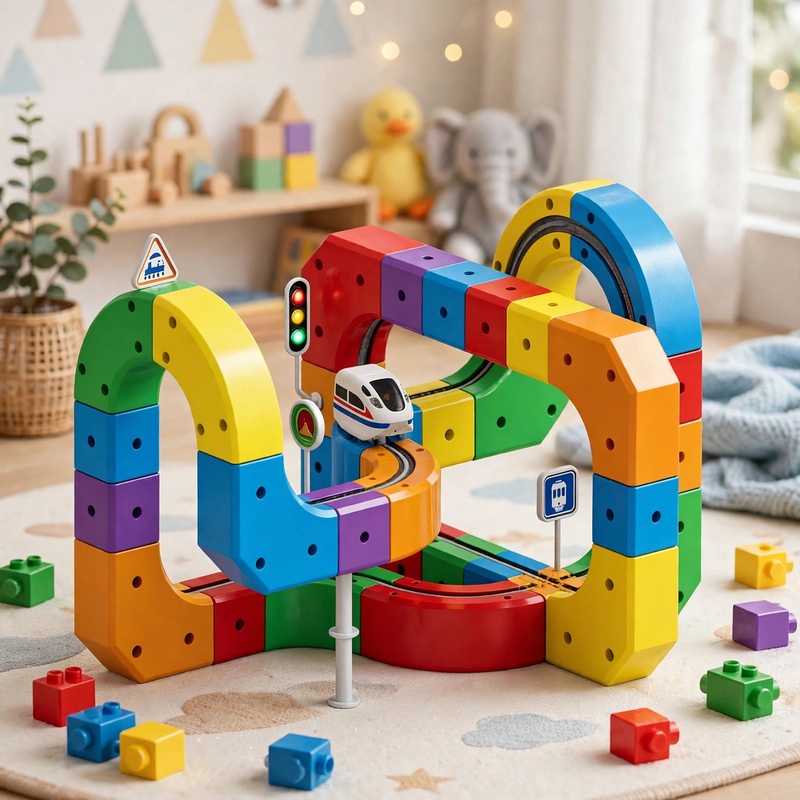 A colorful Magic Track Train set built in a complex, multi-level structure on a patterned rug in a child's playroom.
