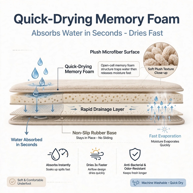 4Ps Advanced Bathroom Mat - Quick-Drying Memory Foam, Machine Washable, Thick Non-Slip Carpet, Suitable for Shower Rooms, Kitchens, And Laundry Rooms - Soft And Comfortable Home Decor 31 An infographic illustrating the multi-layer structure of the quick-drying memory foam bathroom mat, including the microfiber surface, rapid drainage layer, and non-slip base.