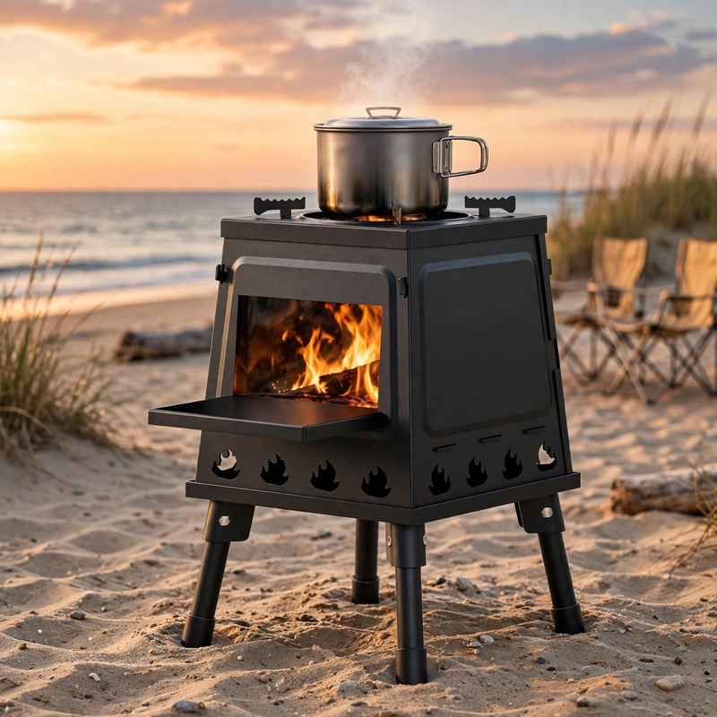 A black Portable Wood Burning Camp Stove with a cooking pot on top, glowing with fire, set on a sandy beach at sunset.