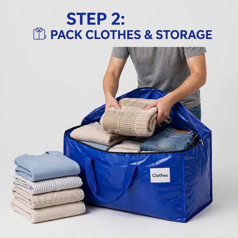 TOMNK 8pcs Moving Bags Heavy Duty, Storage Bags with Sturdy Handles And Zippers, Saving Moving Storage, Foldable, for Halloween And Christmas 12 A person packing folded clothes and textiles into an open TOMNK Moving Bags Heavy Duty.