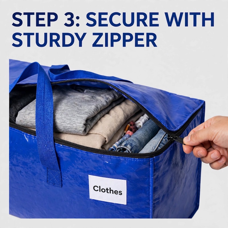 TOMNK 8pcs Moving Bags Heavy Duty, Storage Bags with Sturdy Handles And Zippers, Saving Moving Storage, Foldable, for Halloween And Christmas 13 Close-up of a hand zipping shut a fully packed blue TOMNK Moving Bags Heavy Duty.