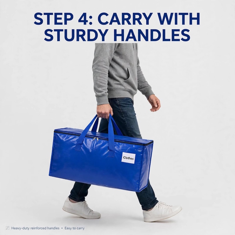 TOMNK 8pcs Moving Bags Heavy Duty, Storage Bags with Sturdy Handles And Zippers, Saving Moving Storage, Foldable, for Halloween And Christmas 14 A person walking while carrying a packed TOMNK Moving Bags Heavy Duty by its reinforced shoulder-length handles.