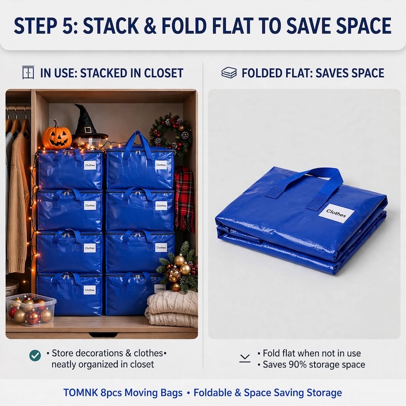 TOMNK 8pcs Moving Bags Heavy Duty, Storage Bags with Sturdy Handles And Zippers, Saving Moving Storage, Foldable, for Halloween And Christmas 15 Closet stacked with multiple blue TOMNK Moving Bags Heavy Duty alongside holiday decorations and a folded bag.
