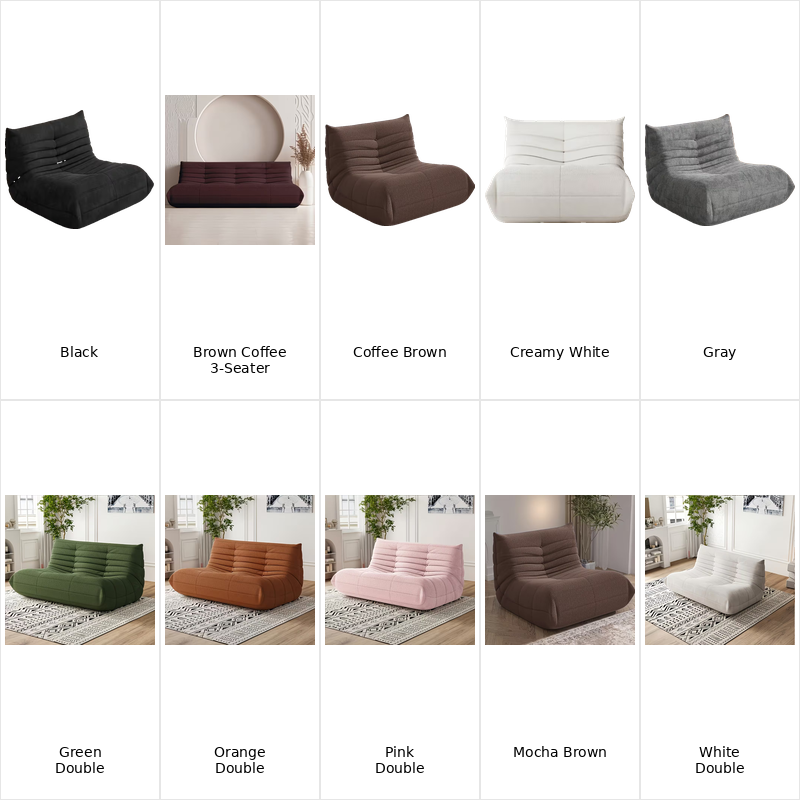 Product catalog display featuring single and multi-person versions of the Adult Bean Bag Chair in different room settings.