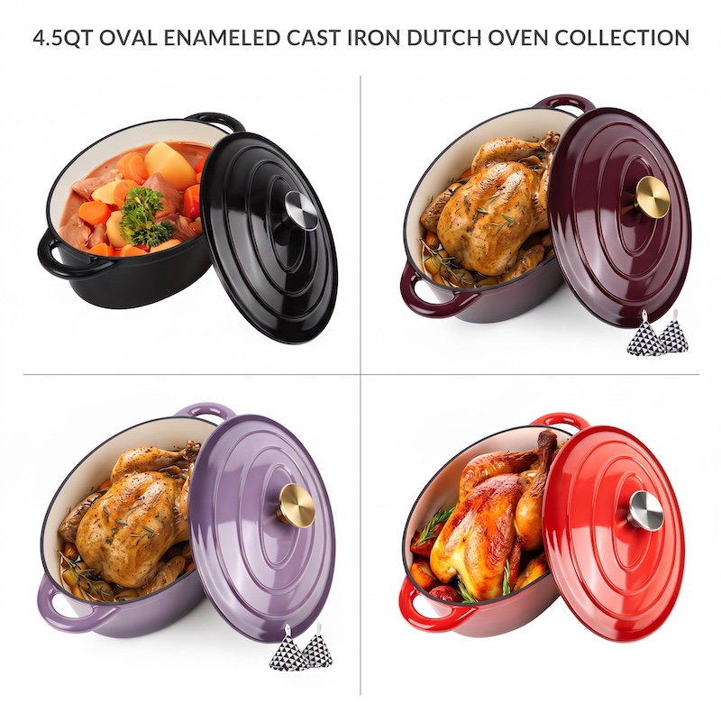 A side profile view of a bright red oval Enameled Dutch Oven Pot With Lid sitting on a white marble countertop in a modern kitchen background. A close-up circle inset shows a cross-section of the lid, which is cream-colored inside with a black rim, resting on another lid.