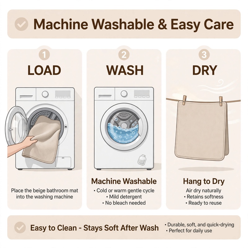 4Ps Advanced Bathroom Mat - Quick-Drying Memory Foam, Machine Washable, Thick Non-Slip Carpet, Suitable for Shower Rooms, Kitchens, And Laundry Rooms - Soft And Comfortable Home Decor 33 A 3-step instructional graphic showing how to load, wash, and hang-dry the machine-washable bathroom mat.