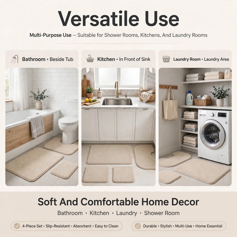 4Ps Advanced Bathroom Mat - Quick-Drying Memory Foam, Machine Washable, Thick Non-Slip Carpet, Suitable for Shower Rooms, Kitchens, And Laundry Rooms - Soft And Comfortable Home Decor 34 A three-panel image showing the beige bathroom mat set styled in three different home locations: a bathroom beside a tub, a kitchen in front of a sink, and a laundry room floor.