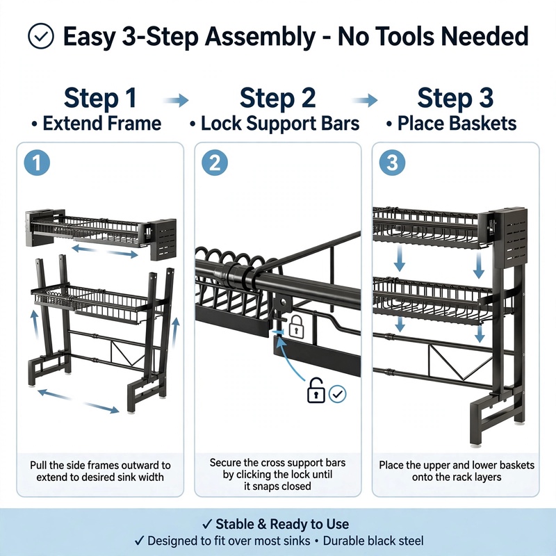 exclusive 1pc Expandable Dish Drying Rack for Countertop, Black Kitchen Organizer for Sink Storage 36 Diagram showing the easy 3-step assembly process for a black expandable Dish Drying Rack for Countertop without tools.