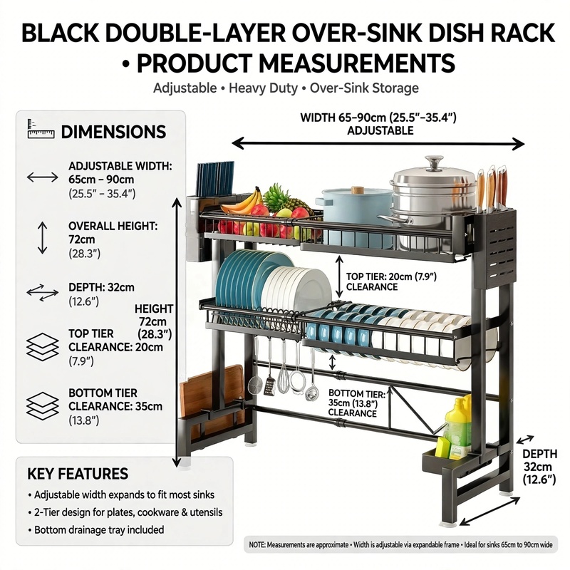 exclusive 1pc Expandable Dish Drying Rack for Countertop, Black Kitchen Organizer for Sink Storage 35 Dimensional diagram detailing the width, overall height, depth, and tier clearances of the double layer Dish Drying Rack for Countertop.