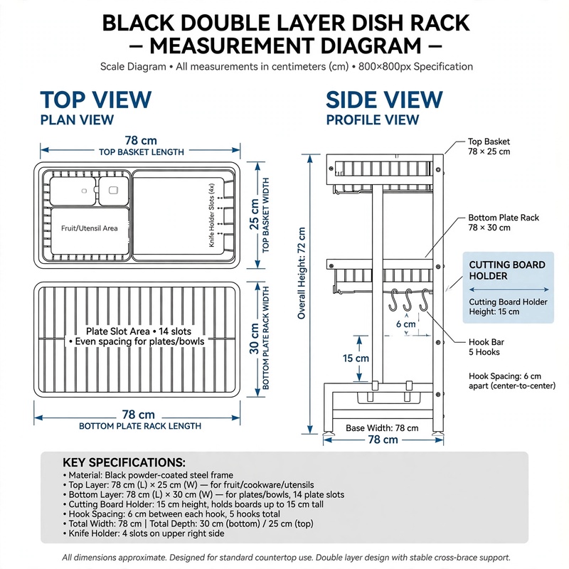 exclusive 1pc Expandable Dish Drying Rack for Countertop, Black Kitchen Organizer for Sink Storage 37 Scale diagram showing top view plan, side profile, basket dimensions, and hook spacing for the double layer Dish Drying Rack for Countertop.