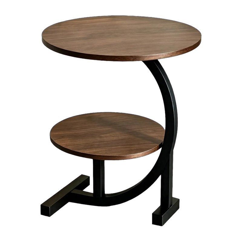 Front view of a double-layer walnut color iron side table showcasing wood grain and curved C-shape design.