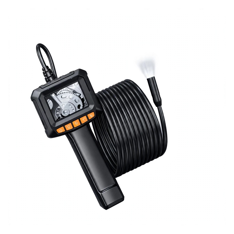 Front studio view of the compact 2.4-inch 16.5ft Borescope Camera With Light with its coiled probe cable.