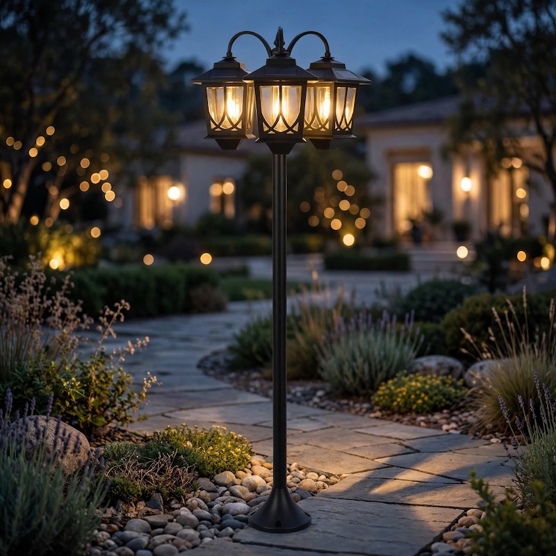 Warm glow from a 3-Headed Solar Powered Outdoor post light illuminating a stone pathway at dusk.