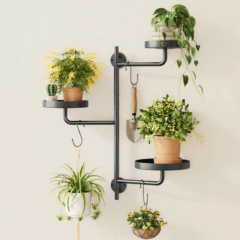 Direct front view of a black metal 3 Tier Wall Rotatable Planter mounted on a neutral wall, filled with various vibrant green potted plants.
