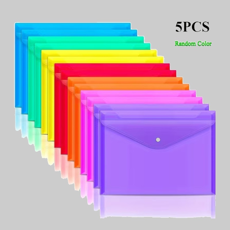 A product shot showing five translucent A4/Letter Size File Bags with Snap Button in blue, green, yellow, red, and purple, arranged in an overlapping fan formation with reflection.