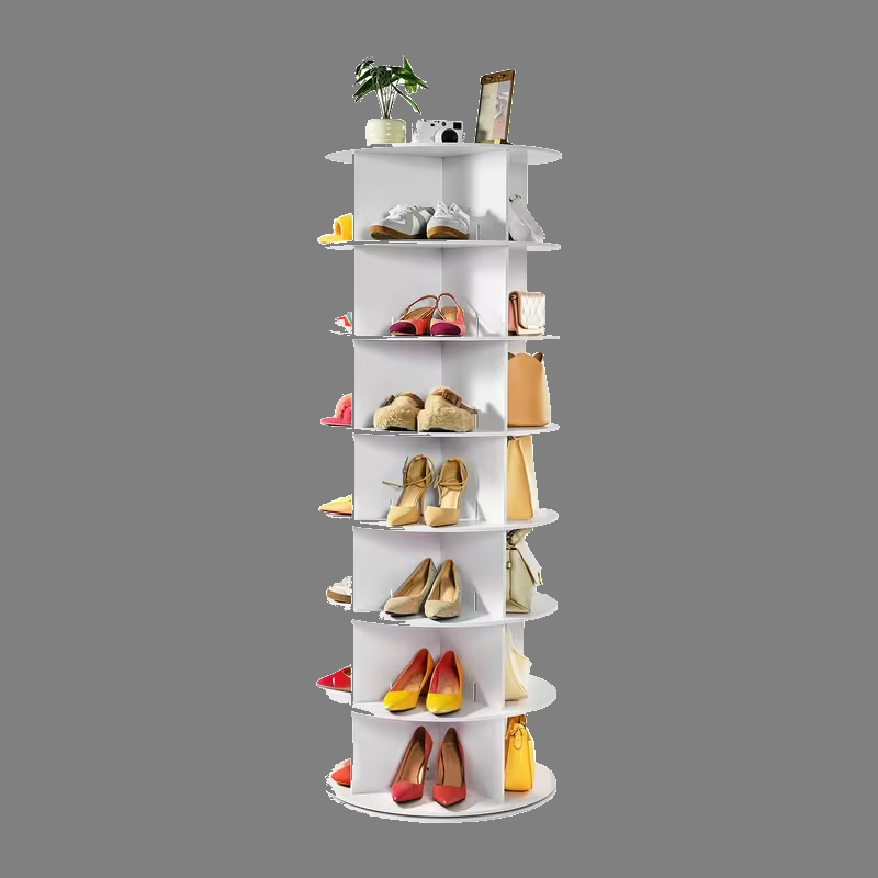 Full front view of the white 7-tier spinning shoe rack neatly organized with assorted shoes and bags.